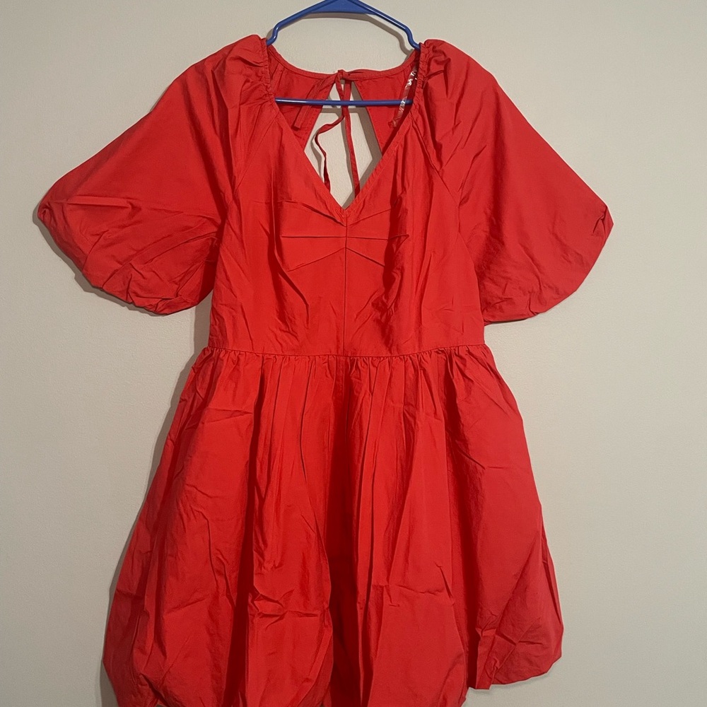 Time and Tru Bright Red V-Neck Puff Sleeve Mini Dress Medium BNWT